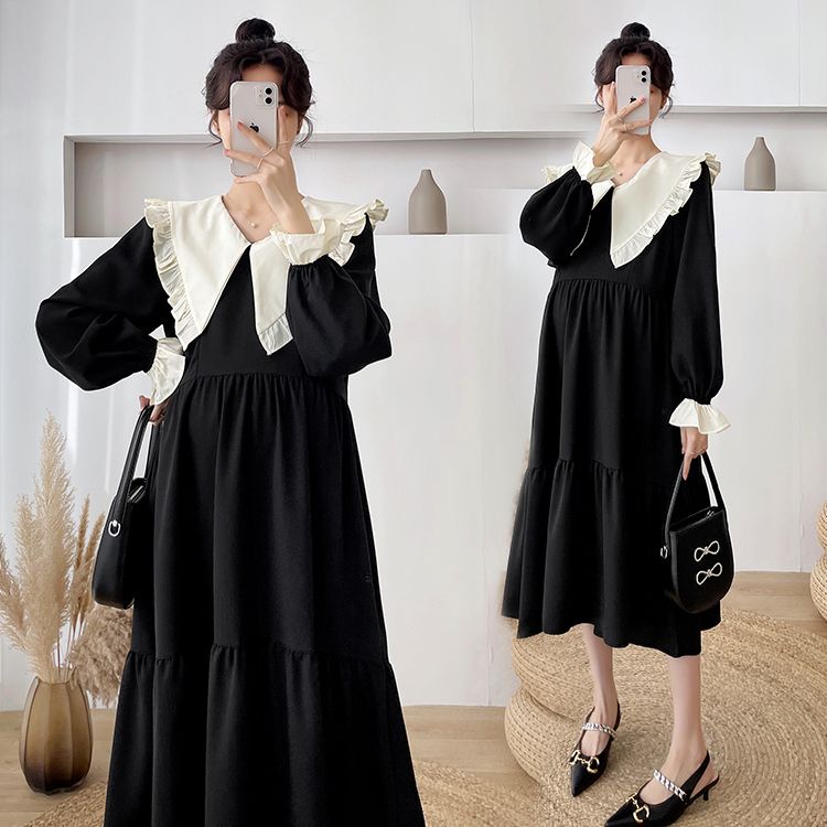 [Hàng Mới Về] Đầm Bầu Dáng Dài Cổ Bẻ Phối Bèo Phong Cách Phương Tây Thời Trang Xuân Thu
