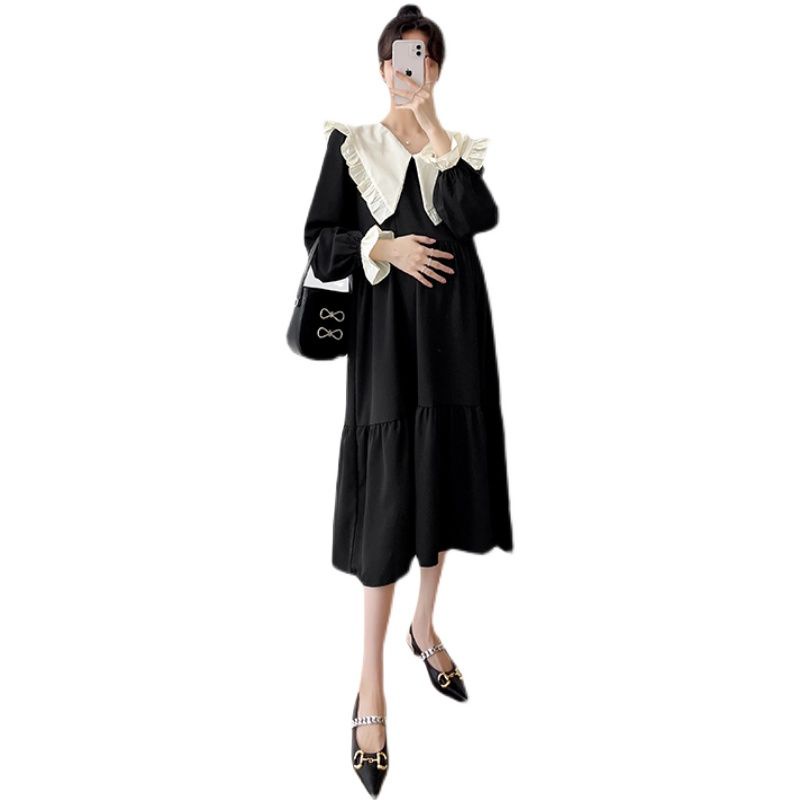 [Hàng Mới Về] Đầm Bầu Dáng Dài Cổ Bẻ Phối Bèo Phong Cách Phương Tây Thời Trang Xuân Thu