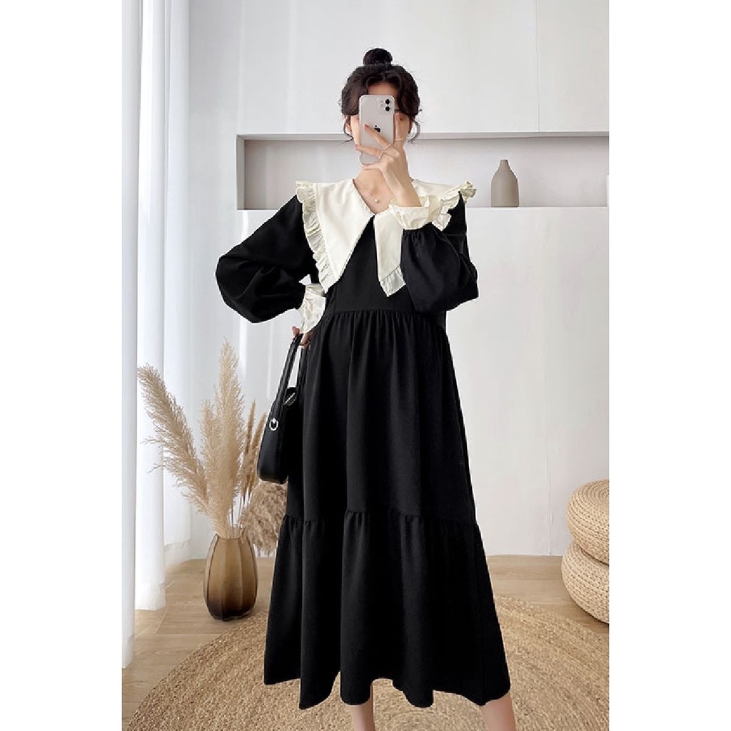[Hàng Mới Về] Đầm Bầu Dáng Dài Cổ Bẻ Phối Bèo Phong Cách Phương Tây Thời Trang Xuân Thu