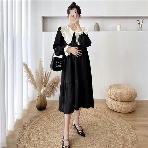 [Hàng Mới Về] Đầm Bầu Dáng Dài Cổ Bẻ Phối Bèo Phong Cách Phương Tây Thời Trang Xuân Thu