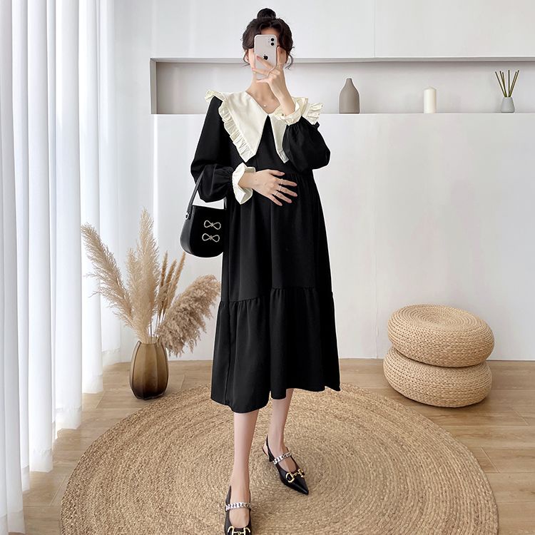 [Hàng Mới Về] Đầm Bầu Dáng Dài Cổ Bẻ Phối Bèo Phong Cách Phương Tây Thời Trang Xuân Thu