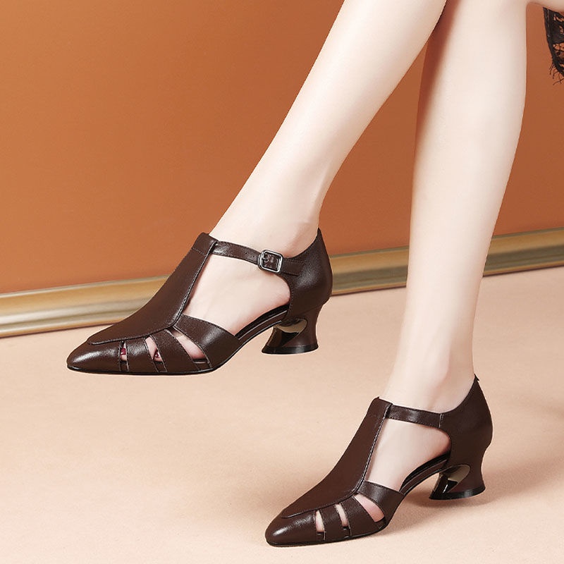 Giày Sandal Cao Gót Hở Ngón Bằng Da Phối Khóa Cài Thời Trang Mùa Hè Dành Cho Nữ