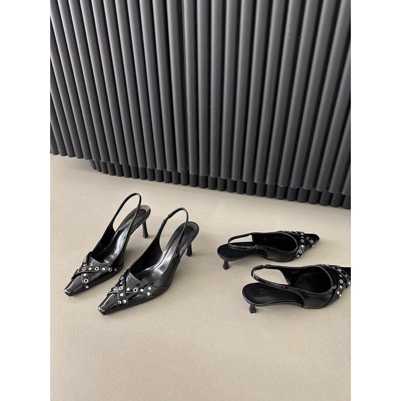 Giày Cao Gót Mũi Nhọn Gót Vừa Quai Chéo Khóa Kim Loại Phong Cách Mới Xuân Hè 2023