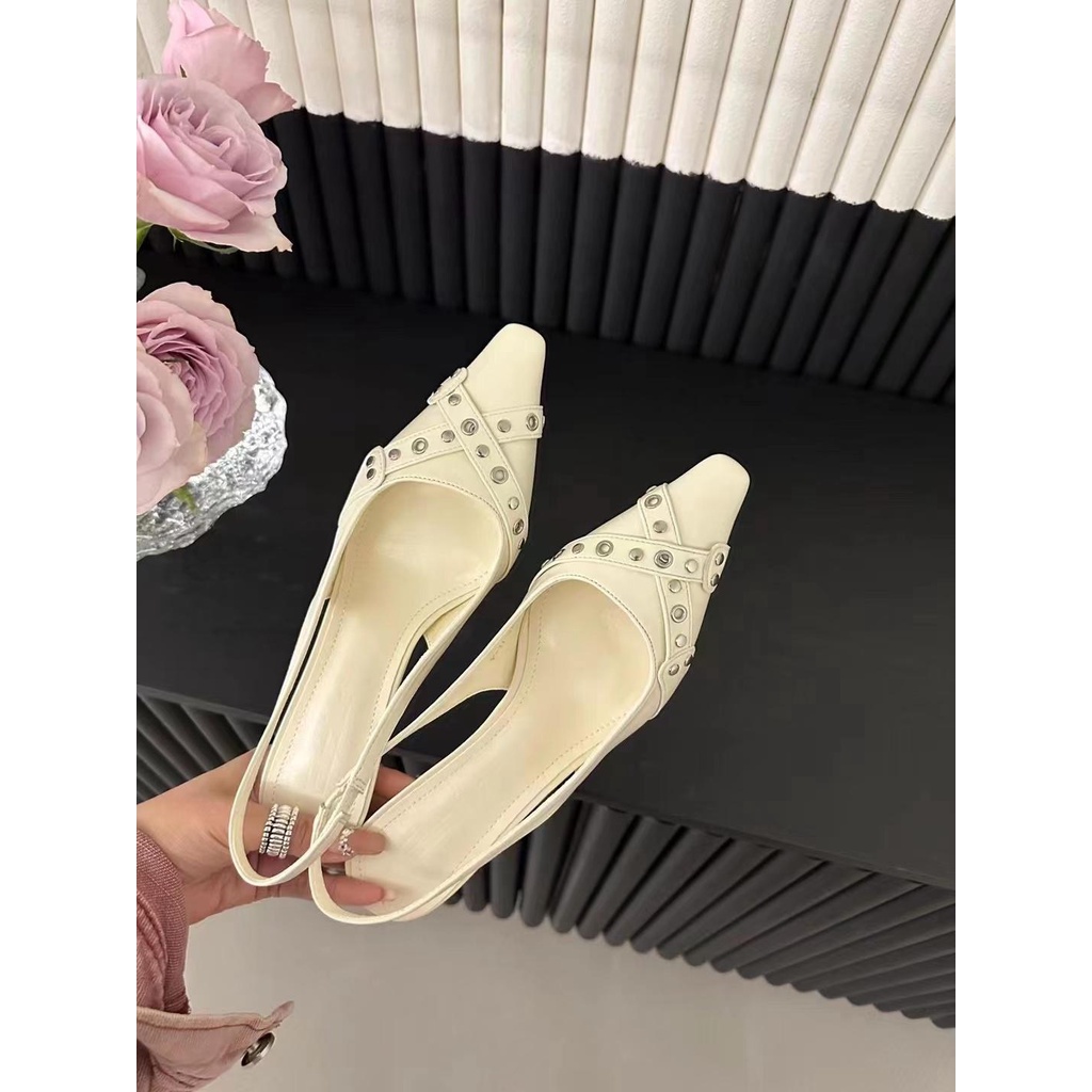 Giày Cao Gót Mũi Nhọn Gót Vừa Quai Chéo Khóa Kim Loại Phong Cách Mới Xuân Hè 2023