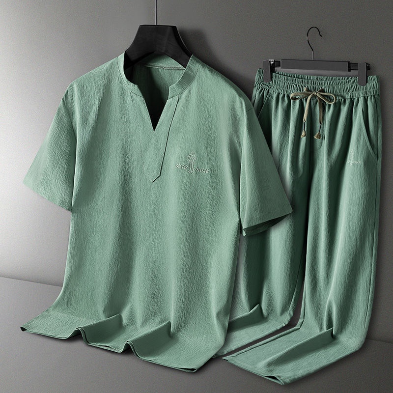 Áo Thun cotton Tay Ngắn Cổ Chữ v Thêu Họa Tiết Thổ Cẩm Trung Hoa Thoáng Khí Thời Trang Cho Nam one0408