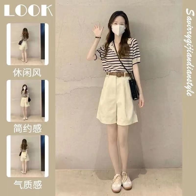 Set Áo Thun Kẻ Sọc + Quần Short Ôm Dáng Thời Trang Hè 2023 Phong Cách Mới Cho Nữ