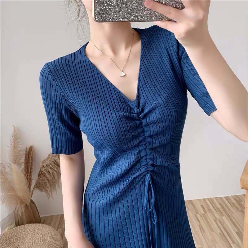Đầm Dệt Kim Chữ a Tay Ngắn Cổ Chữ V Xếp Ly Vải Lụa Lạnh Phong Cách Hàn Quốc Thời Trang Mùa Hè 2023 Mới