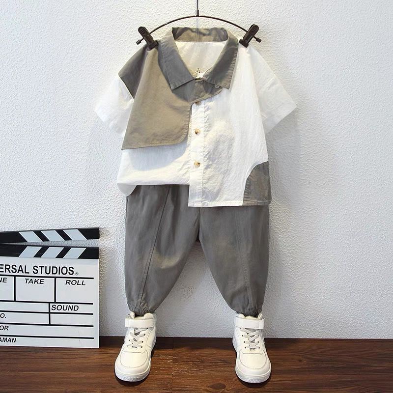 Áo Sơ Mi Cotton Lanh Hai Mảnh Tay Ngắn Mùa Hè Phong Cách Mới Hàn Quốc Có Giá Trị Cao Cho Bé Trai