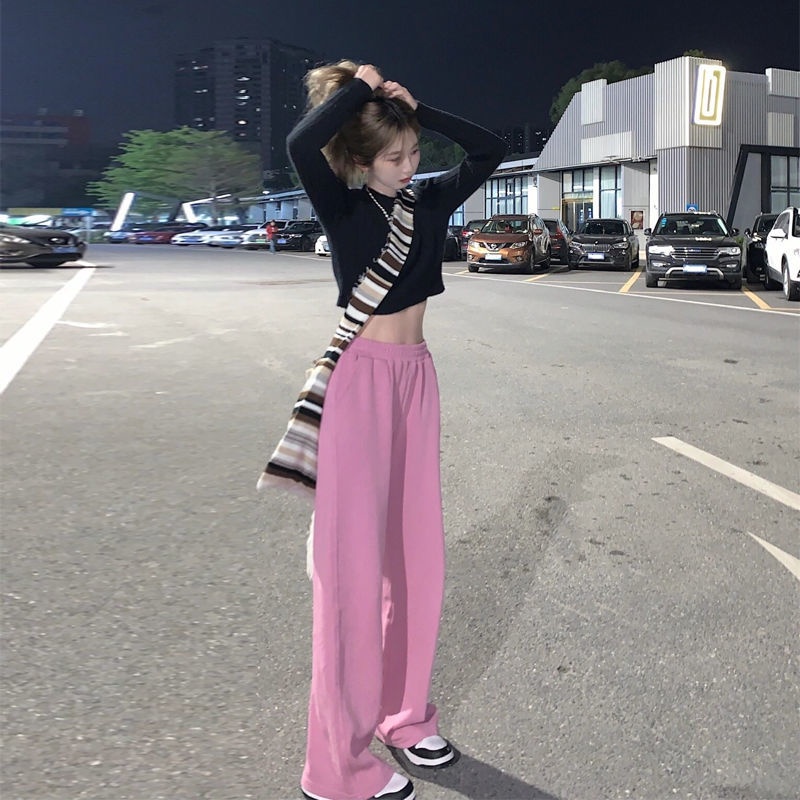 Jiashucheng Quần Ống Rộng Lưng Cao Màu Hồng Dễ Phối Đồ Phong Cách Mới Cho Nữ