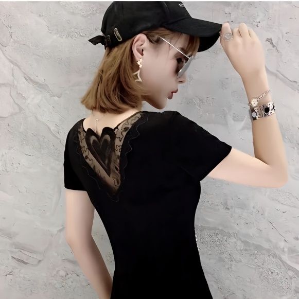 Áo Thun Tay Ngắn Cổ Chữ V Phối Ren Hở Lưng Phong Cách Phương Tây Quyến Rũ Dành Cho Nữ