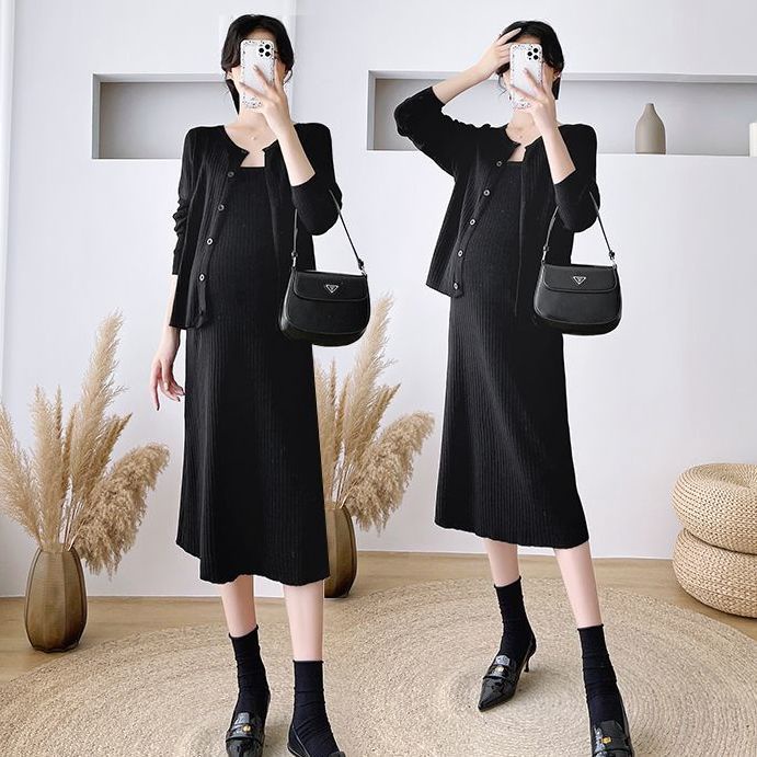 Bộ Áo Sweater Dệt Kim + Váy Yếm Dáng Dài Họa Tiết Kẻ Sọc Thời Trang Xuân Thu Xinh Xắn Cho Mẹ Bầu