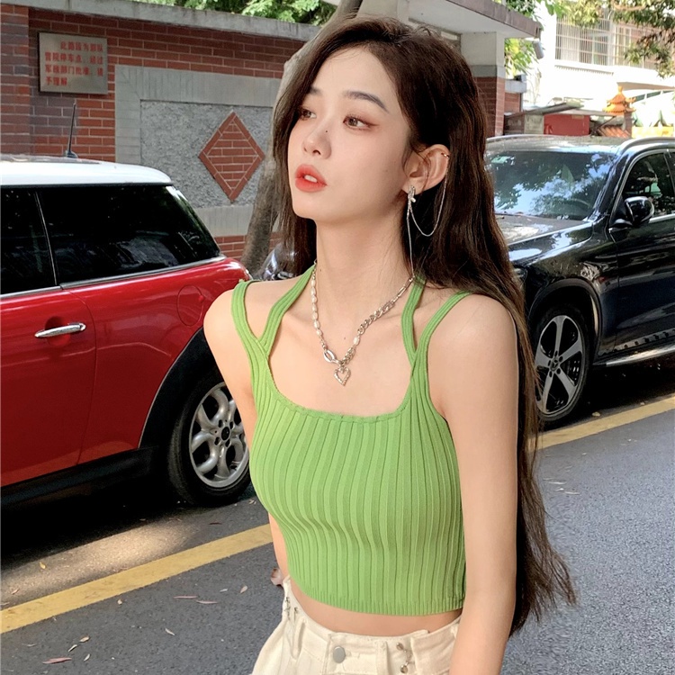 Áo Hai Dây Dệt Kim Hai Dây Dáng Ôm Ngắn Màu Đen / Xanh Lá Thời Trang Bốn Mùa