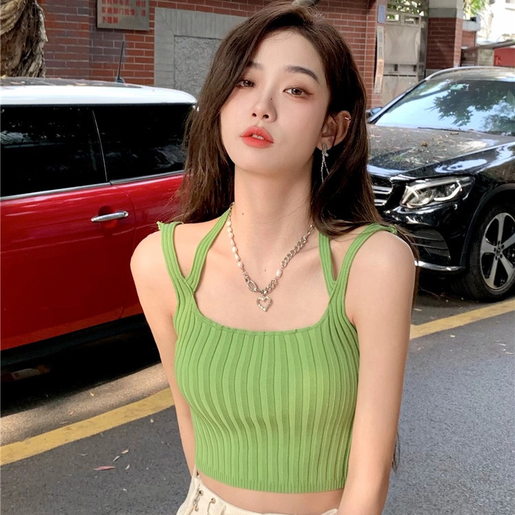 Áo Hai Dây Dệt Kim Hai Dây Dáng Ôm Ngắn Màu Đen / Xanh Lá Thời Trang Bốn Mùa