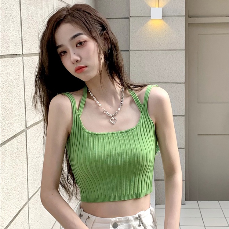 Áo Hai Dây Dệt Kim Hai Dây Dáng Ôm Ngắn Màu Đen / Xanh Lá Thời Trang Bốn Mùa