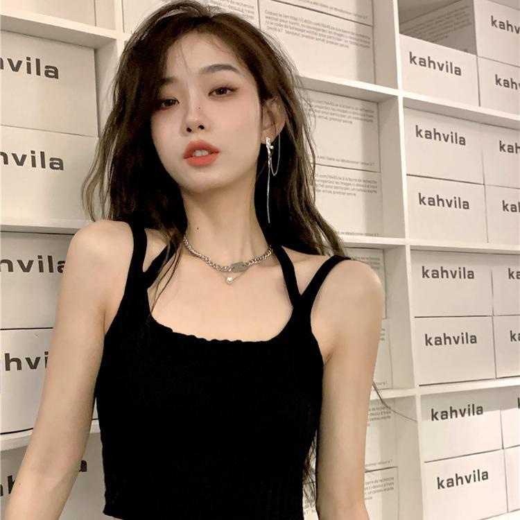 Áo Hai Dây Dệt Kim Hai Dây Dáng Ôm Ngắn Màu Đen / Xanh Lá Thời Trang Bốn Mùa