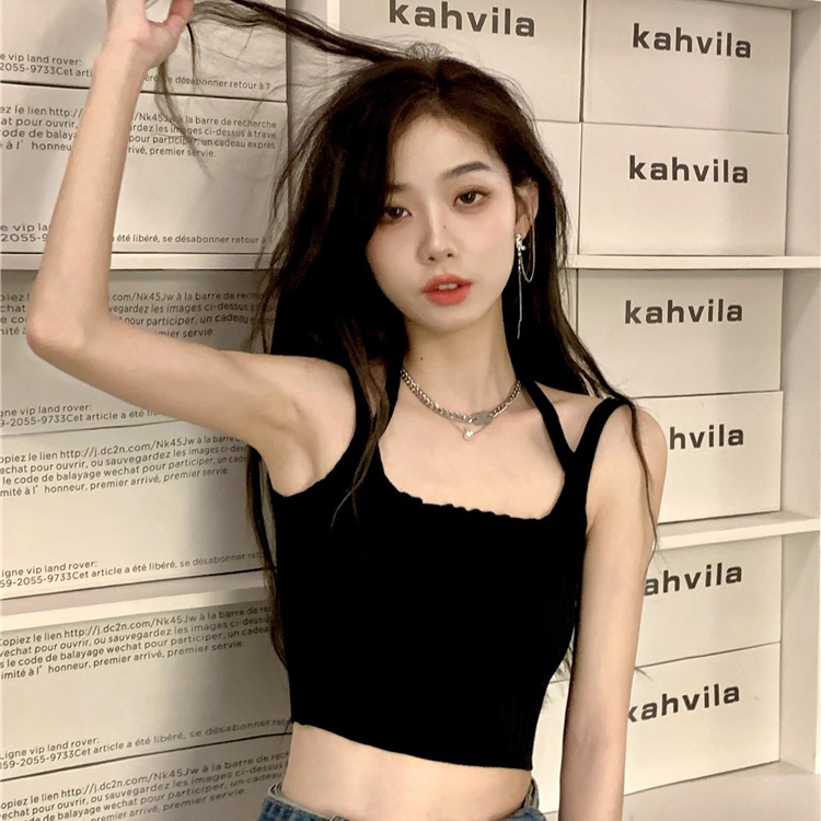 Áo Hai Dây Dệt Kim Hai Dây Dáng Ôm Ngắn Màu Đen / Xanh Lá Thời Trang Bốn Mùa