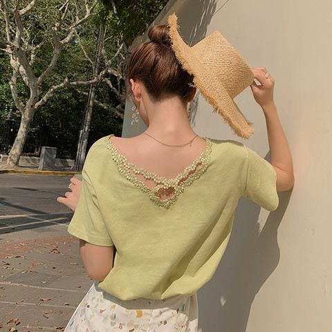 Áo Thun Ngắn Tay Cổ Chữ V Màu Trơn Phối Ren Lưng Chéo Thời Trang Mùa Hè Hàn Quốc 2023 Cho Nữ