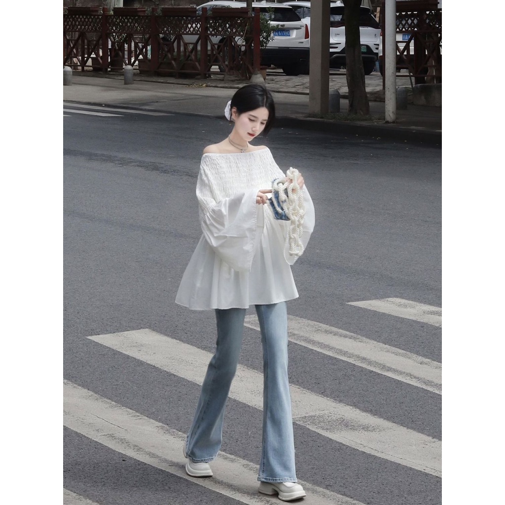 Set Áo Trễ Vai + Quần Jeans Phong Cách Hàn Quốc Hàng Mới 2023 Cho Nữ