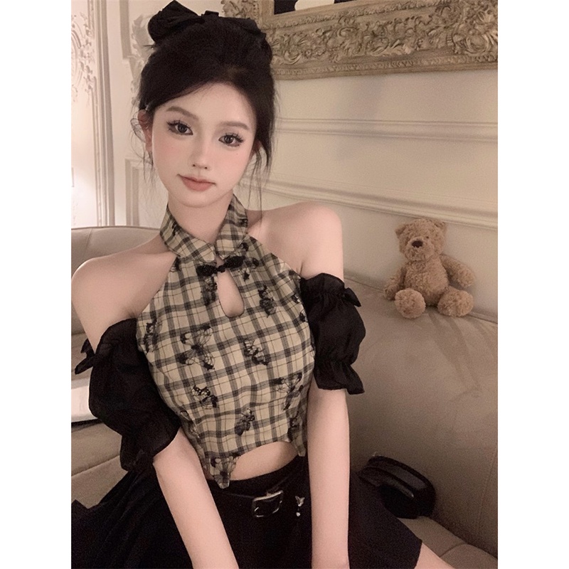 ✨✨Áo Sơ Mi Tay Dài Phồng Trễ Vai Họa Tiết Sọc Caro Phong Cách Trung Hoa Thời Trang Mùa Xuân Mới Cho Nữ