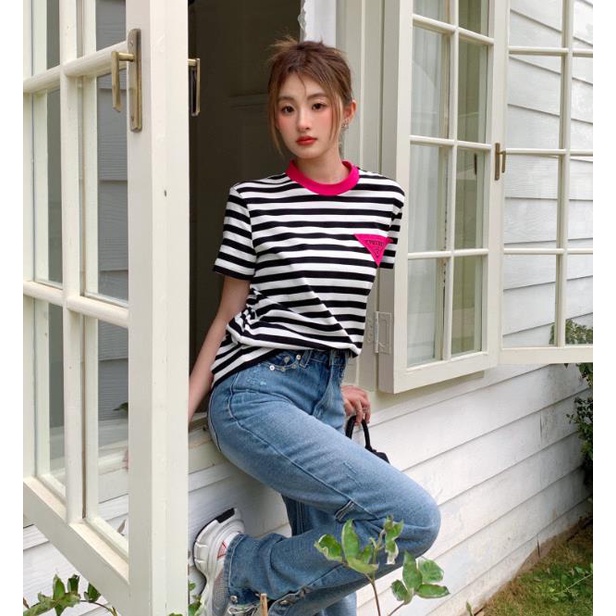 Phong cách mới Pr♥♥Áo Thun Thời Trang Năng Động Cho Nữ♥Áo Thun Kẻ Sọc Màu Sắc Tương Phản Thời Trang Cho Nữ