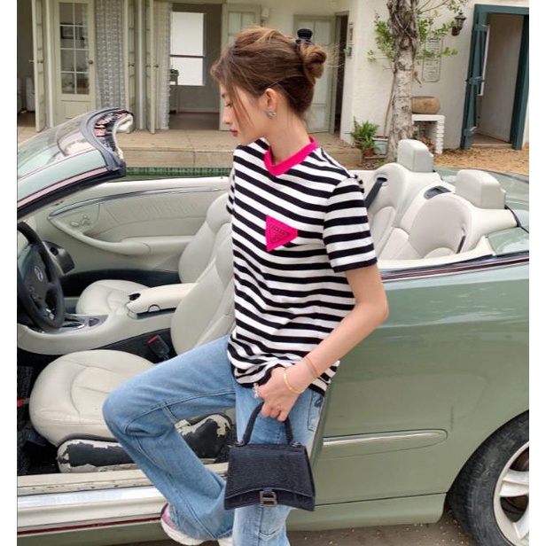 Phong cách mới Pr♥♥Áo Thun Thời Trang Năng Động Cho Nữ♥Áo Thun Kẻ Sọc Màu Sắc Tương Phản Thời Trang Cho Nữ