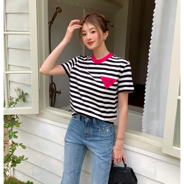 Phong cách mới Pr♥♥Áo Thun Thời Trang Năng Động Cho Nữ♥Áo Thun Kẻ Sọc Màu Sắc Tương Phản Thời Trang Cho Nữ