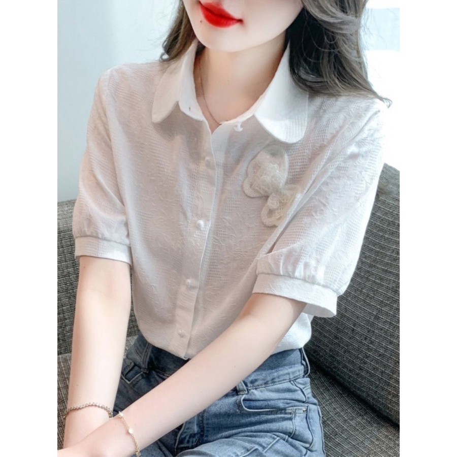 Áo Sơ Mi Cotton Nguyên Chất Ngắn Tay Thêu Họa Tiết Thời Trang Cho Nữ 2023