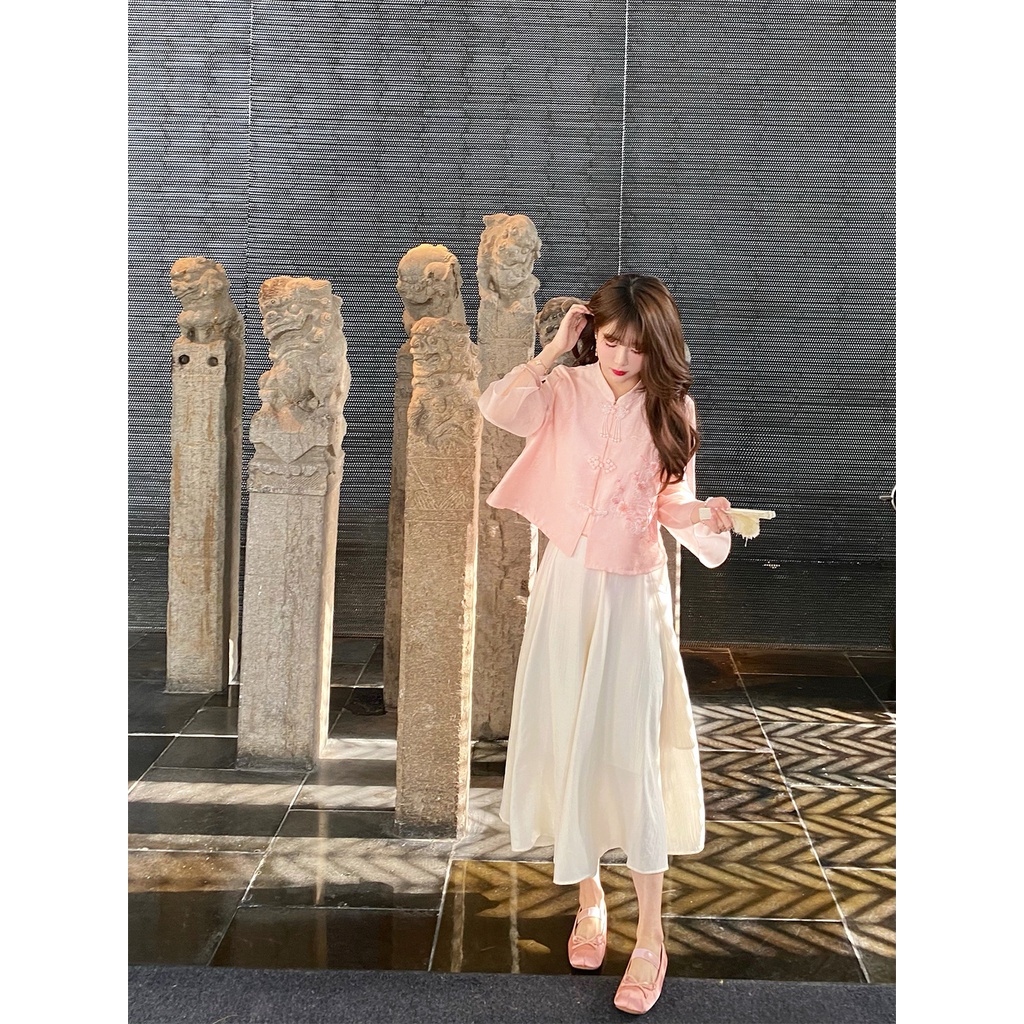 Bộ Áo Sơ Mi + Chân Váy Chữ a Lưng Cao Màu Trắng Phong Cách Trung Hoa Thời Trang Xuân Hè Hàng Mới 2023 Dành Cho Bạn Nữ