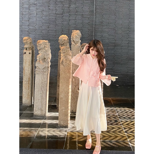 Bộ Áo Sơ Mi + Chân Váy Chữ a Lưng Cao Màu Trắng Phong Cách Trung Hoa Thời Trang Xuân Hè Hàng Mới 2023 Dành Cho Bạn Nữ