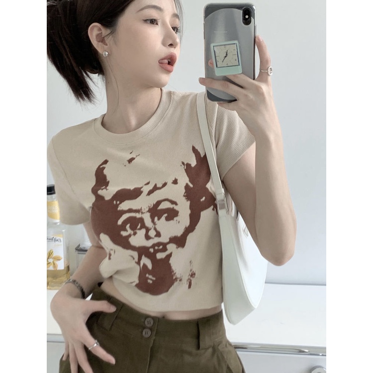 Áo CropTop Thun Ngắn Tay Dáng Rộng In Họa Tiết Retro Thời Trang Cho Nữ