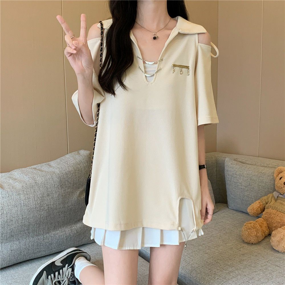 Áo Thun polo Tay Ngắn Cổ Chữ V Hở Vai Phối Dây Rút Kích Thước Lớn Phong Cách Preppy Cho Nữ