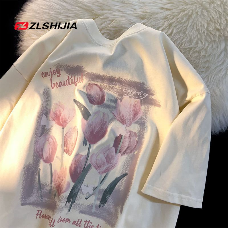 Áo Thun 100% Cotton Tay Ngắn Dáng Rộng Họa Tiết Hoa Tulip Thời Trang Mùa Hè Cho Nữ