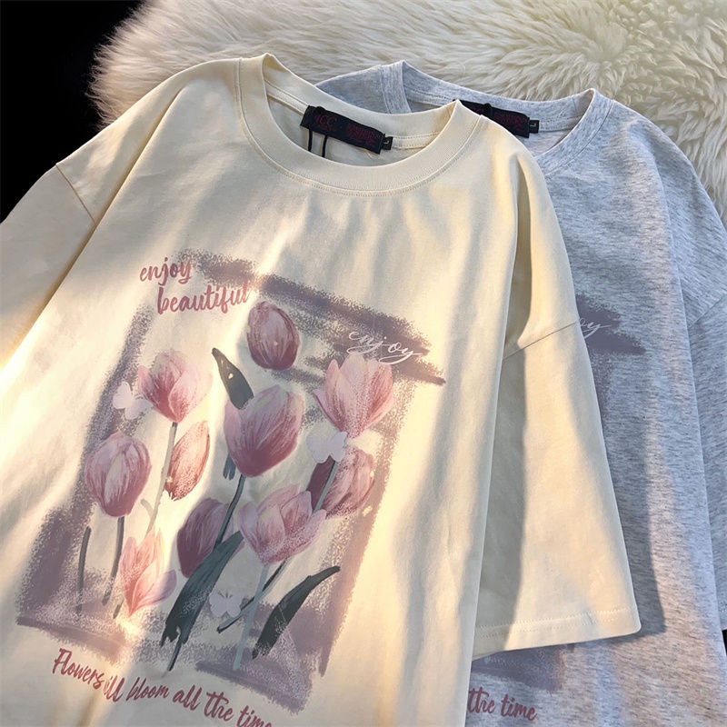 Áo Thun 100% Cotton Tay Ngắn Dáng Rộng Họa Tiết Hoa Tulip Thời Trang Mùa Hè Cho Nữ