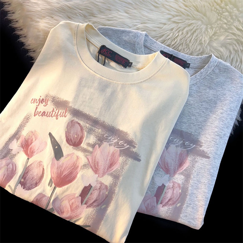 Áo Thun 100% Cotton Tay Ngắn Dáng Rộng Họa Tiết Hoa Tulip Thời Trang Mùa Hè Cho Nữ