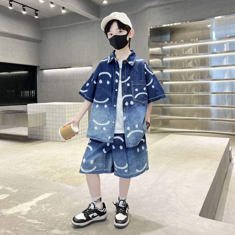 Bộ Áo Sơ Mi Denim Tay Ngắn Hai Mảnh Thời Trang Mùa Hè 2023 Phong Cách Mới Cho Bé Trai