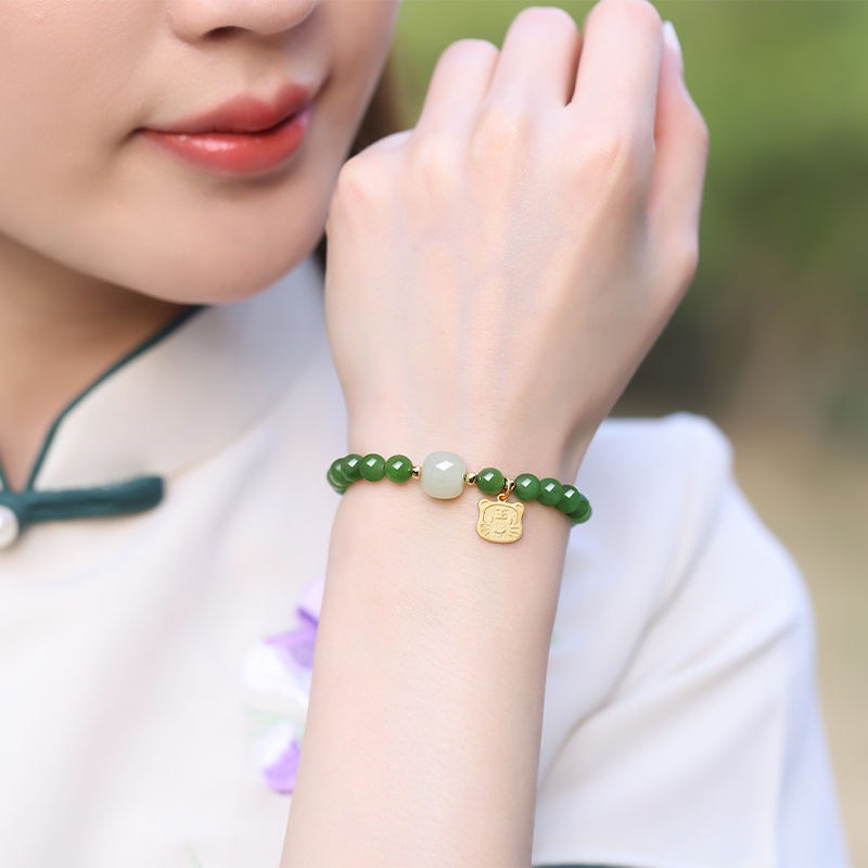Vòng Tay Chuỗi Hạt Đá Ngọc Bích Tròn Màu Xanh Lá Tự Nhiên Cho Nữ