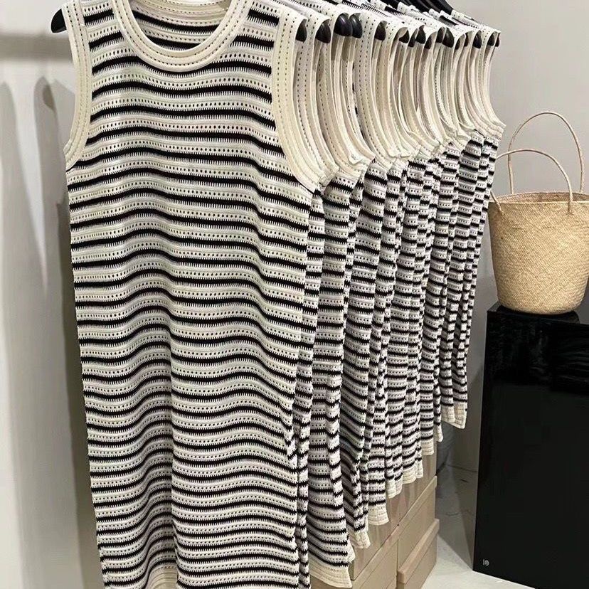 Đầm Dệt Kim Không Tay Cổ Tròn Dáng Rộng Xẻ Tà Lưng Họa Tiết Kẻ Sọc Chất Lượng Cao Thời Trang Mùa Hè Cho Nữ