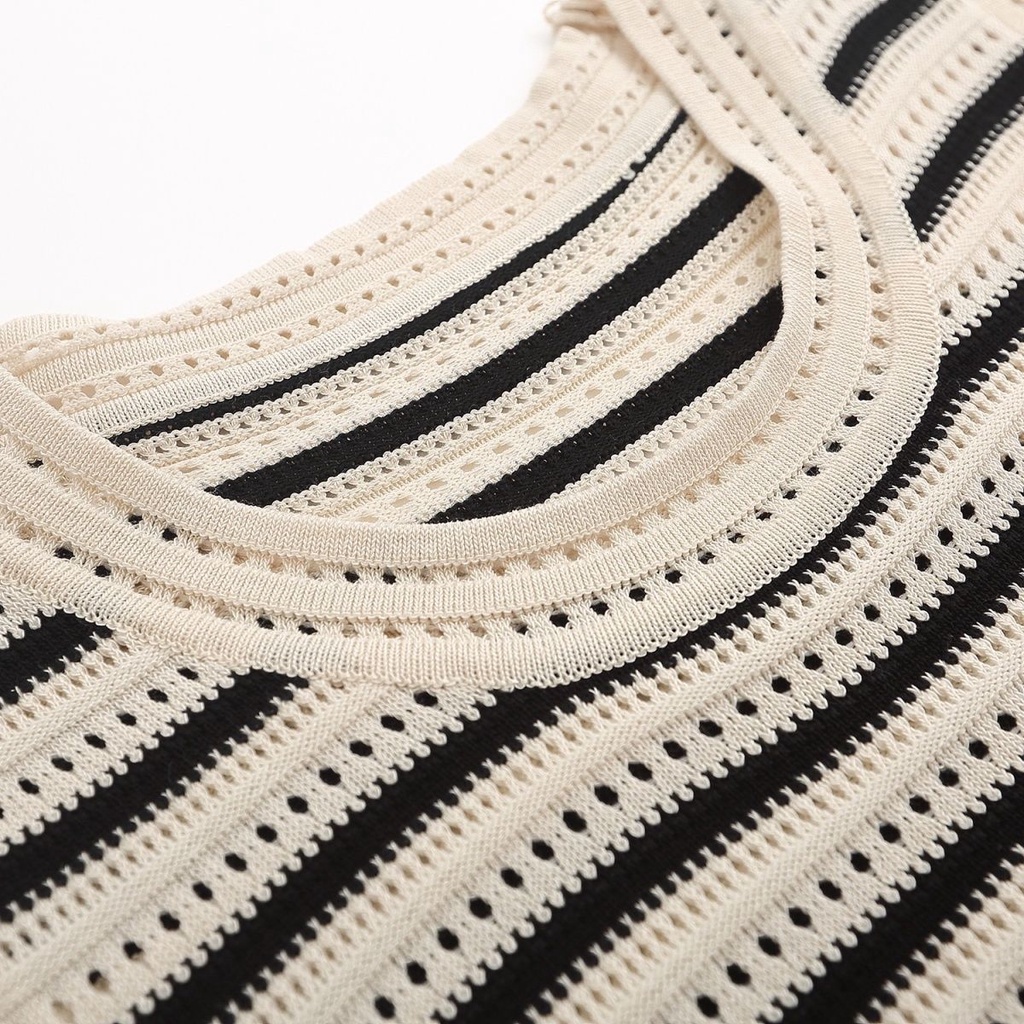 Đầm Dệt Kim Không Tay Cổ Tròn Dáng Rộng Xẻ Tà Lưng Họa Tiết Kẻ Sọc Chất Lượng Cao Thời Trang Mùa Hè Cho Nữ