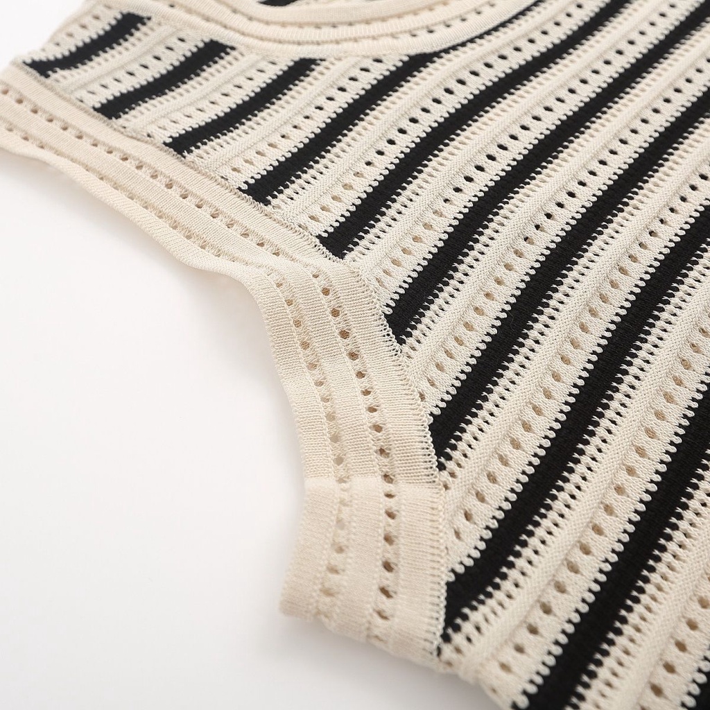 Đầm Dệt Kim Không Tay Cổ Tròn Dáng Rộng Xẻ Tà Lưng Họa Tiết Kẻ Sọc Chất Lượng Cao Thời Trang Mùa Hè Cho Nữ