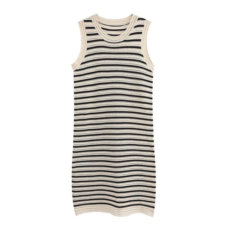 Đầm Dệt Kim Không Tay Cổ Tròn Dáng Rộng Xẻ Tà Lưng Họa Tiết Kẻ Sọc Chất Lượng Cao Thời Trang Mùa Hè Cho Nữ