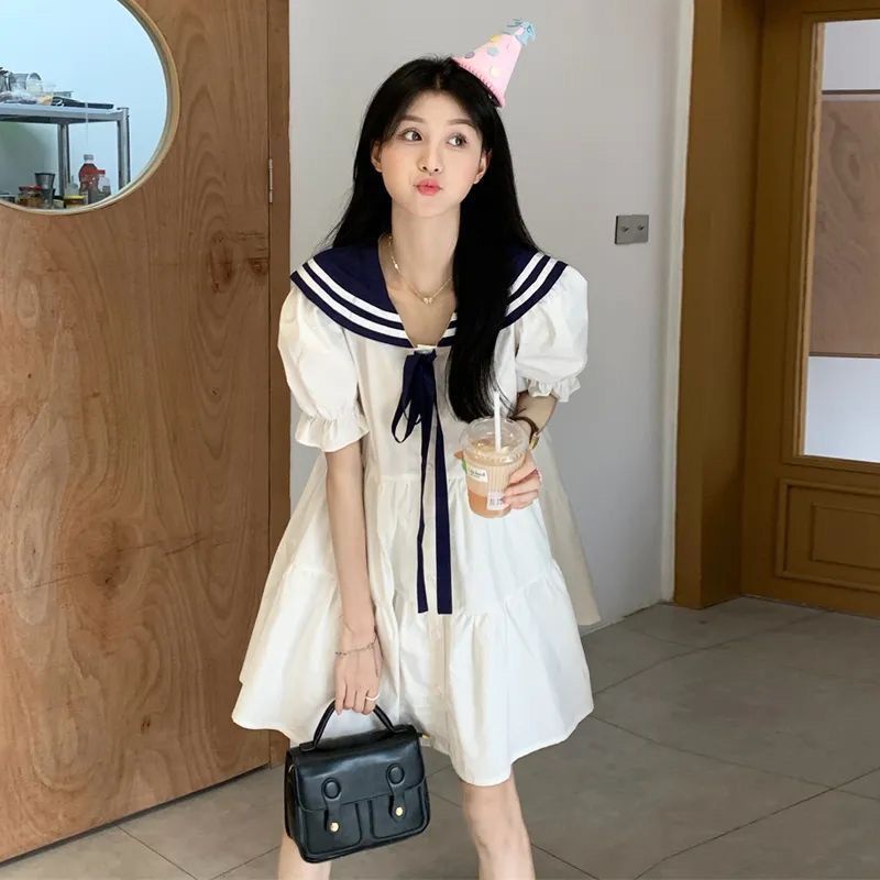[Giới Hạn Thời Gian Giới Hạn] Đầm Chữ A Tay Ngắn Cổ Thủy Thủ Ôm Eo Phong Cách Preppy Ngọt Ngào Mùa Hè Kiểu Mới Cho Nữ