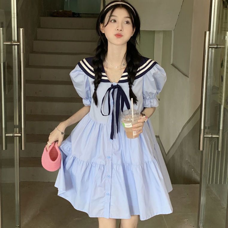 [Giới Hạn Thời Gian Giới Hạn] Đầm Chữ A Tay Ngắn Cổ Thủy Thủ Ôm Eo Phong Cách Preppy Ngọt Ngào Mùa Hè Kiểu Mới Cho Nữ