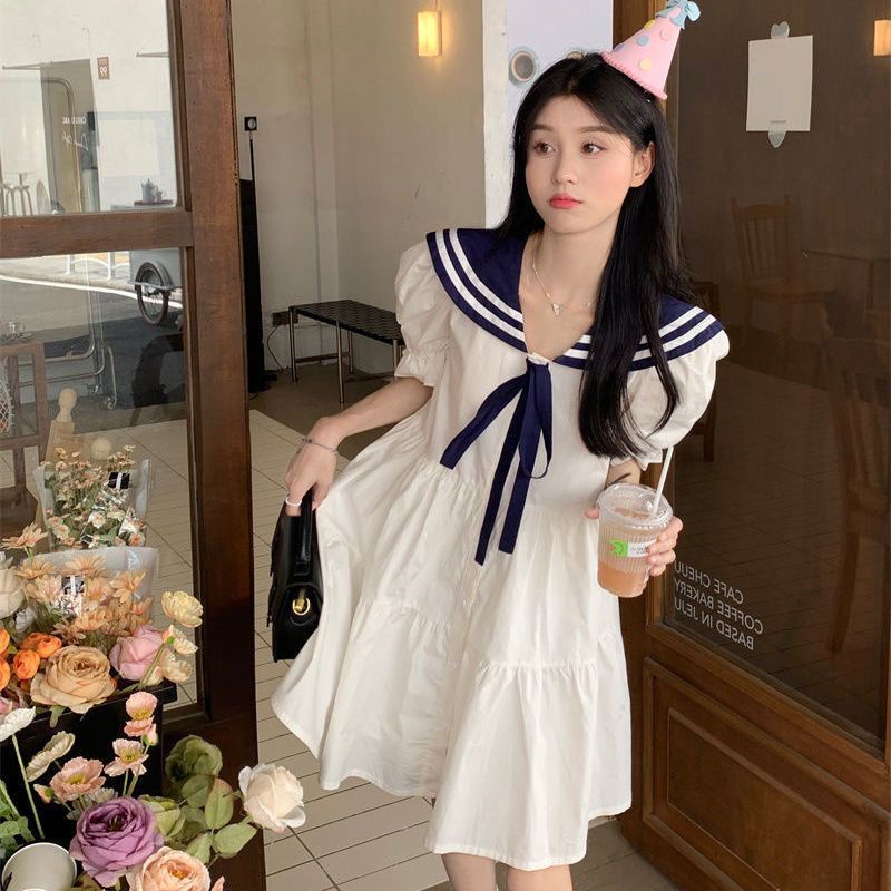 [Giới Hạn Thời Gian Giới Hạn] Đầm Chữ A Tay Ngắn Cổ Thủy Thủ Ôm Eo Phong Cách Preppy Ngọt Ngào Mùa Hè Kiểu Mới Cho Nữ