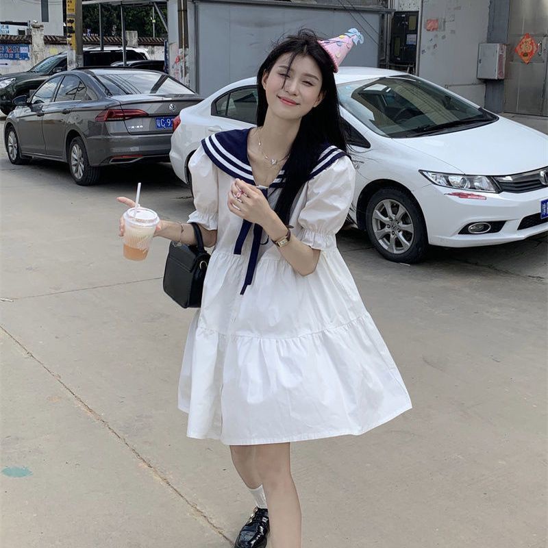 [Giới Hạn Thời Gian Giới Hạn] Đầm Chữ A Tay Ngắn Cổ Thủy Thủ Ôm Eo Phong Cách Preppy Ngọt Ngào Mùa Hè Kiểu Mới Cho Nữ