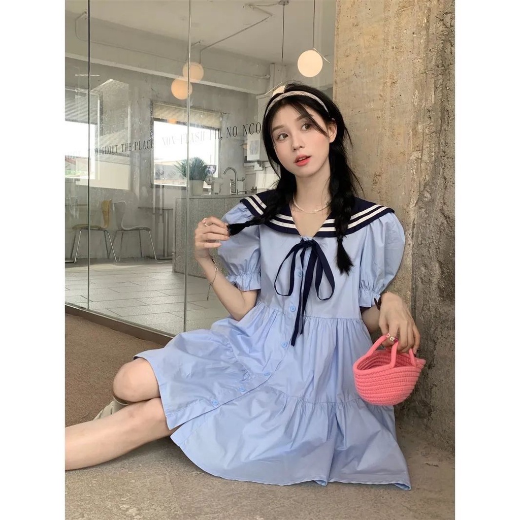 [Giới Hạn Thời Gian Giới Hạn] Đầm Chữ A Tay Ngắn Cổ Thủy Thủ Ôm Eo Phong Cách Preppy Ngọt Ngào Mùa Hè Kiểu Mới Cho Nữ