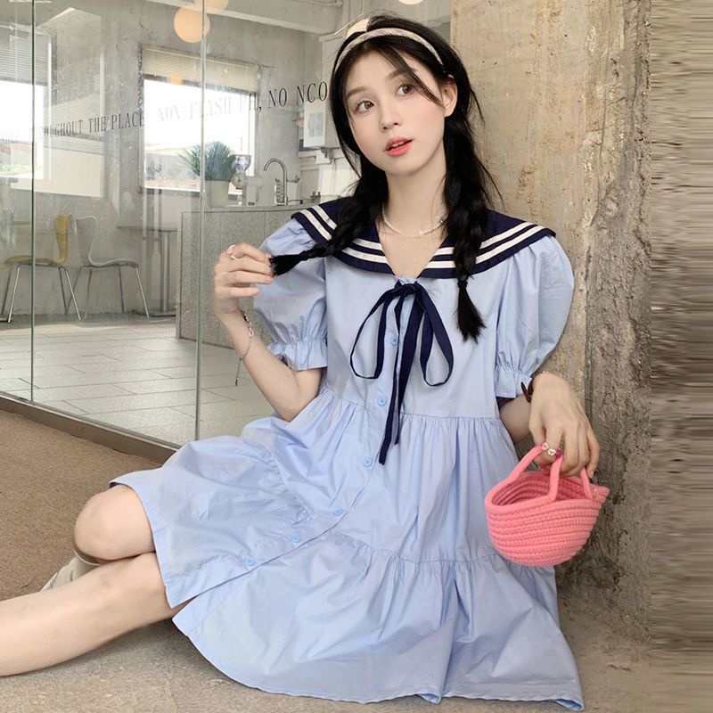 [Giới Hạn Thời Gian Giới Hạn] Đầm Chữ A Tay Ngắn Cổ Thủy Thủ Ôm Eo Phong Cách Preppy Ngọt Ngào Mùa Hè Kiểu Mới Cho Nữ