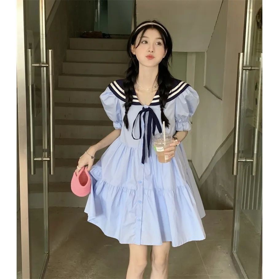 [Giới Hạn Thời Gian Giới Hạn] Đầm Chữ A Tay Ngắn Cổ Thủy Thủ Ôm Eo Phong Cách Preppy Ngọt Ngào Mùa Hè Kiểu Mới Cho Nữ
