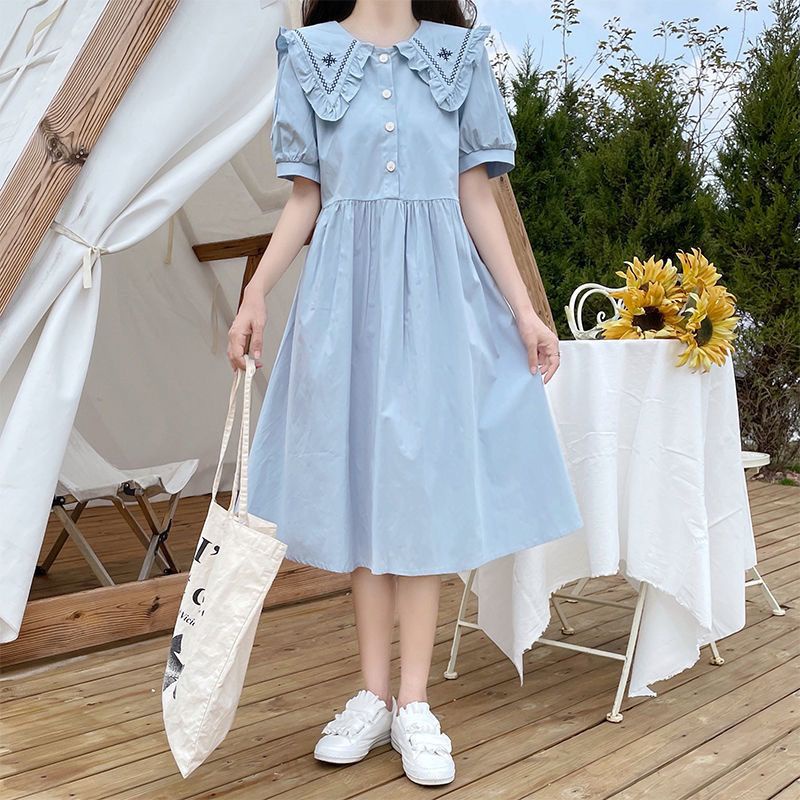 Đầm Cổ Hải Quân Dáng Rộng Thêu Họa Tiết Phong Cách Preppy Thời Trang Mùa Hè Mới Cho Nữ