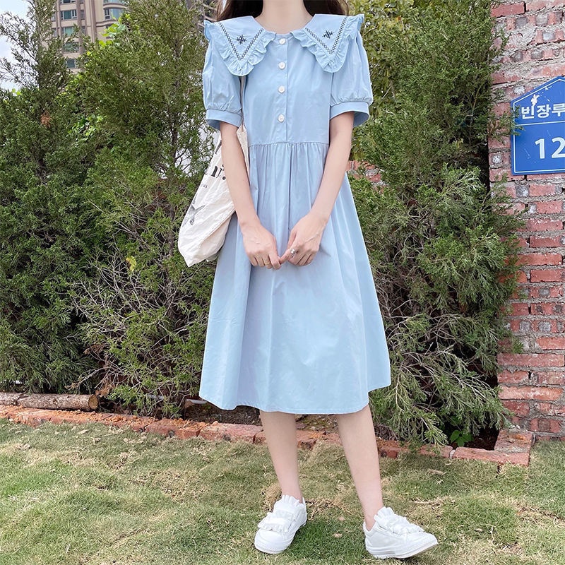 Đầm Cổ Hải Quân Dáng Rộng Thêu Họa Tiết Phong Cách Preppy Thời Trang Mùa Hè Mới Cho Nữ