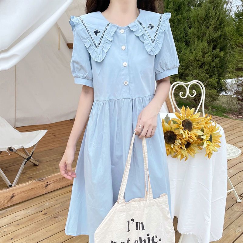 Đầm Cổ Hải Quân Dáng Rộng Thêu Họa Tiết Phong Cách Preppy Thời Trang Mùa Hè Mới Cho Nữ